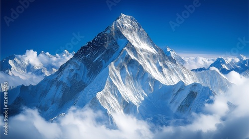 A snow-covered mountain peak under a clear blue sky