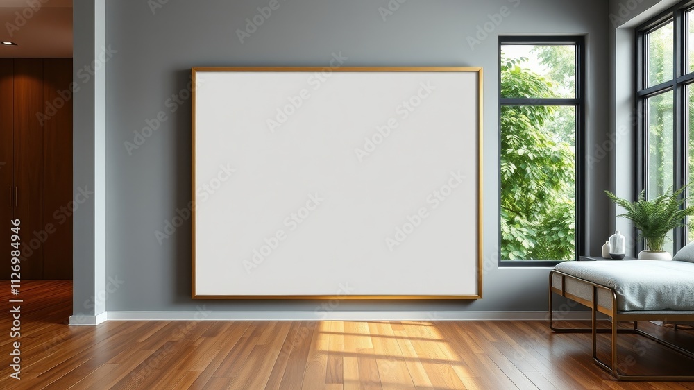 Modern Interior Design Mockup Blank Canvas on Gray Wall with Hardwood Floor and Natural Light Modern Interior Design Mockup Blank Canvas on Gray Wall with Hardwood Floor and Natural Light