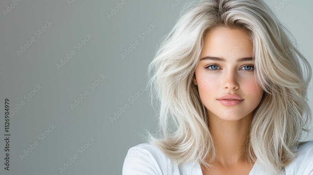 Close-up of a blonde model with platinum blonde hair styled into voluminous waves. The high-detail lighting brings out the smooth texture of her hair, with a simple white shirt and grey background Close-up of a blonde model with platinum blonde hair styled into voluminous waves. The high-detail lighting brings out the smooth texture of her hair, with a simple white shirt and grey background