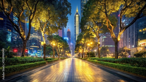 A vibrant city street illuminated at night, lined with trees and modern skyscrapers.