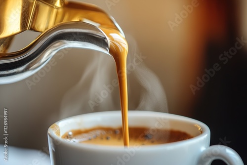 Close-up shot of fresh coffee being poured into white cup