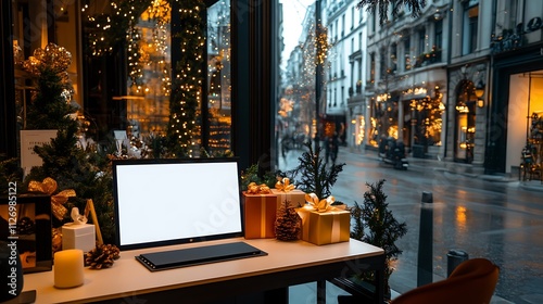 Cozy Parisian Christmas Workspace: Festive Desktop Mockup from a Chic Cafe AI Generated photo