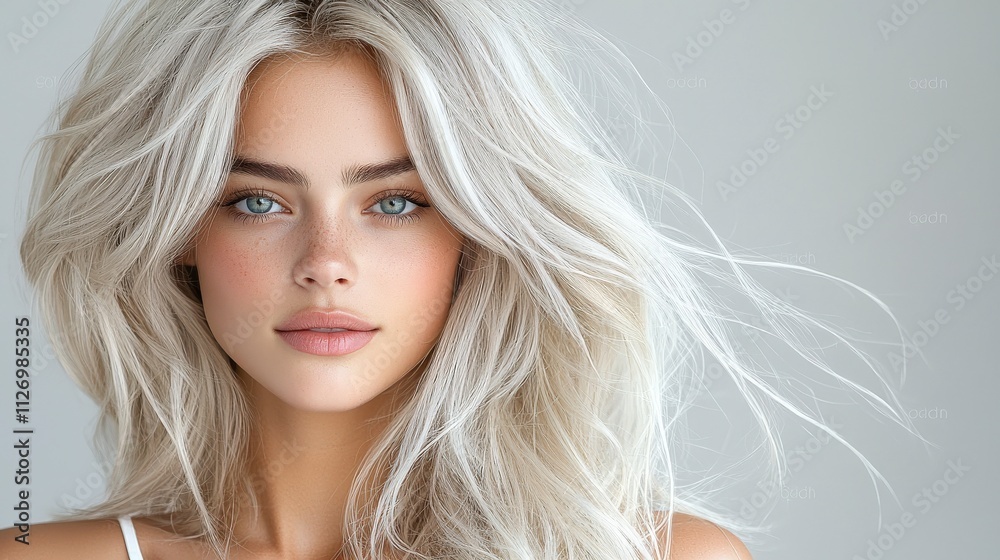 Close-up studio shot of a blonde model with full-volume, platinum hair styled in loose waves. The slightly faded roots create an elegant contrast with the hair’s vibrancy, captured in beautiful 