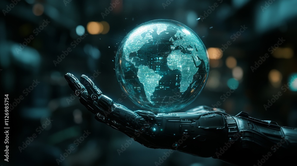 Fototapeta premium Futuristic Robot Hand Holding Digital Globe