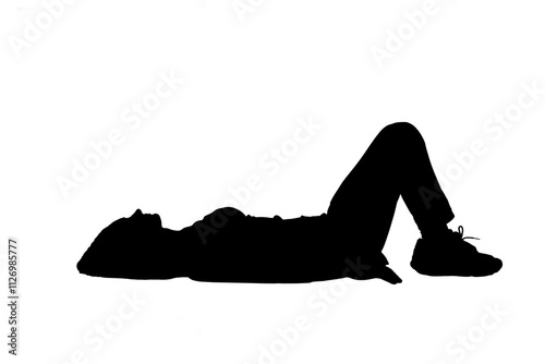 side view of  silhouette of a woman lying on the floor looking up on white background