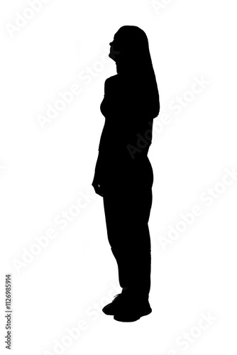 side view of  silhouette  of a woman standing looking up on white background