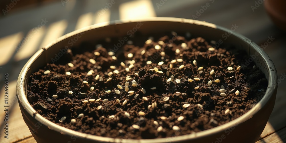 Planting seeds in rich dark soil, a close-up view of a shallow container filled with fertile earth and small, pale seeds awaiting germination. Planting seeds in rich dark soil, a close-up view of a shallow container filled with fertile earth and small, pale seeds awaiting germination.
