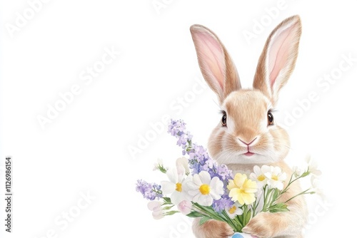 Watercolor painting of a cute bunny holding a colorful bouquet of spring flowers, perfect for easter or springtime themes photo