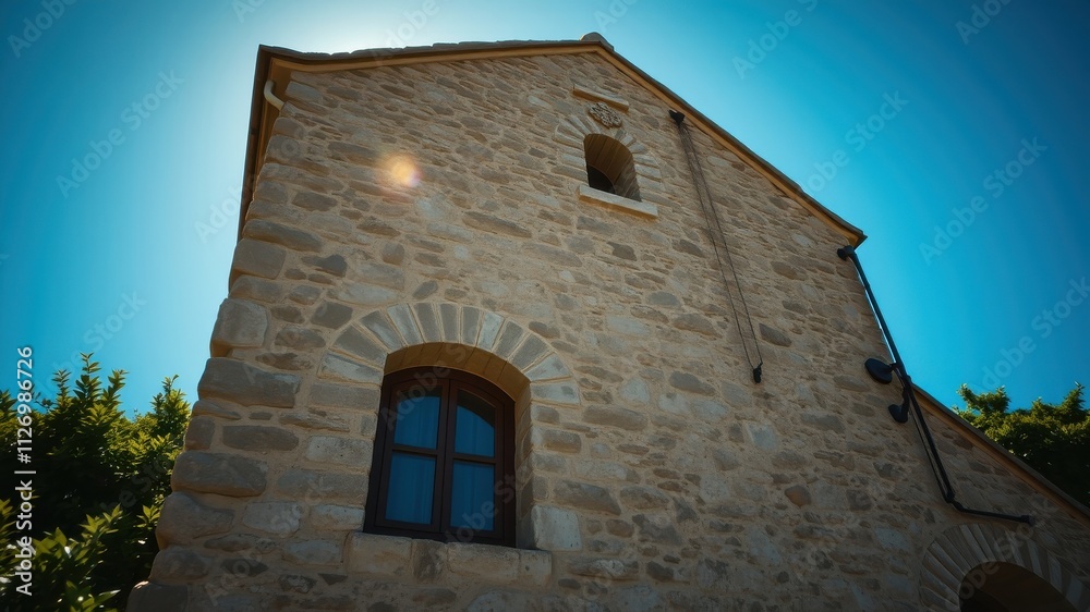 Fototapeta premium Stone building exterior with arched windows under a vibrant blue sky