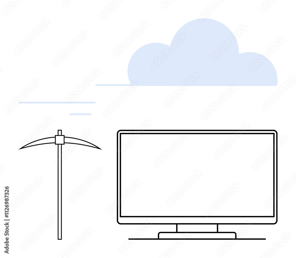 Pickaxe next to computer monitor below cloud outline. Ideal for digital mining, cryptocurrency, cloud computing, technology, data processing, network infrastructure, innovation concepts. Line Pickaxe next to computer monitor below cloud outline. Ideal for digital mining, cryptocurrency, cloud computing, technology, data processing, network infrastructure, innovation concepts. Line