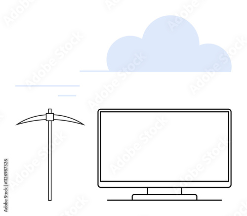 Pickaxe next to computer monitor below cloud outline. Ideal for digital mining, cryptocurrency, cloud computing, technology, data processing, network infrastructure, innovation concepts. Line