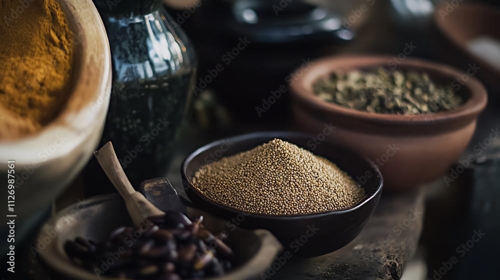 Assorted spices and grains in various bowls Assorted spices and grains in various bowls