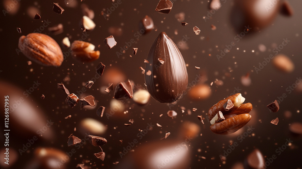 Chocolate and nuts in motion create a dynamic culinary experience Chocolate and nuts in motion create a dynamic culinary experience
