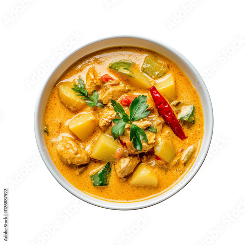 A flavorful bowl of chicken curry with potatoes, garnished with fresh herbs and vibrant red chili.