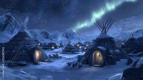 A Vibrant Depiction of an Inuit Village with Igloos and Northern Lights Amidst a Pristine Arctic Landscape photo