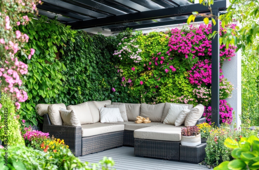 Fototapeta premium Cozy outdoor seating area surrounded by vibrant flowers and greenery.