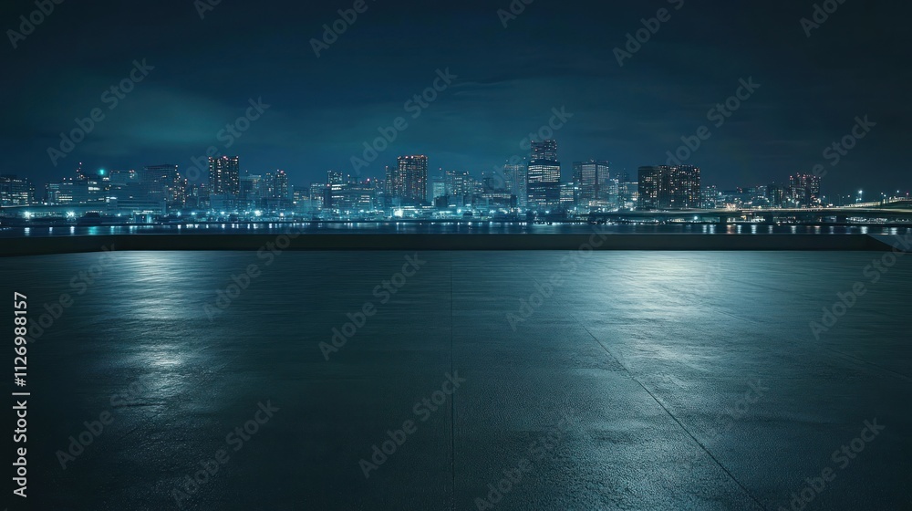 A serene nighttime cityscape view with a reflective surface in the foreground. A serene nighttime cityscape view with a reflective surface in the foreground.