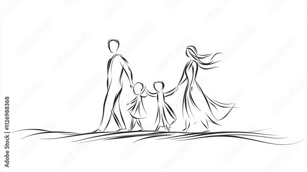 Elegant black linear sketch of a cheerful family in continuous line art, strolling hand in hand, front view on a white canvas. Elegant black linear sketch of a cheerful family in continuous line art, strolling hand in hand, front view on a white canvas.