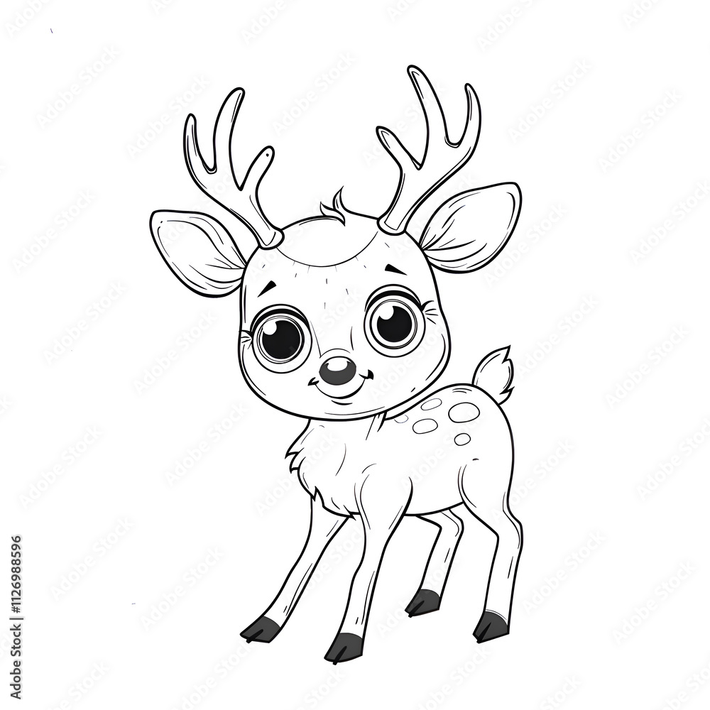 Cute reindeer with big round eyes and simple horns, black and white, coloring Cute reindeer with big round eyes and simple horns, black and white, coloring