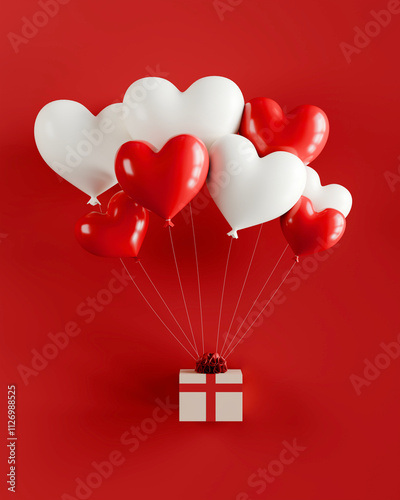 balloon heart shape red and white with gift box on red background, studio light setup, valetine concept, 3d rendeirng