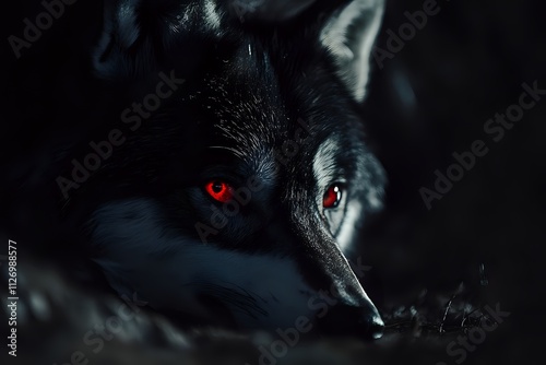 Close-up of a black wolf with glowing red eyes in the dark.