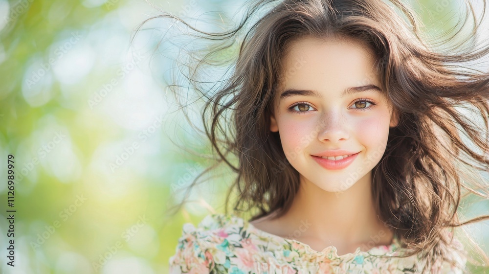 The young brunette woman, with her hair blowing in the wind, gazes directly at the camera with a playful smile, exuding a carefree and joyful aura The young brunette woman, with her hair blowing in the wind, gazes directly at the camera with a playful smile, exuding a carefree and joyful aura