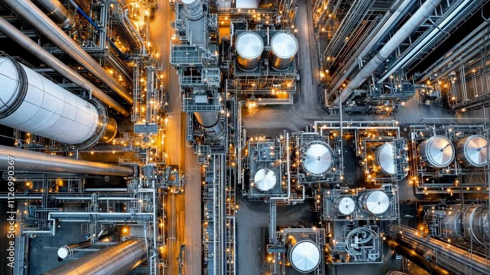 Aerial view of modern industrial facility showcasing complex network of pipes, storage tanks, and illuminated equipment in a large manufacturing plant Aerial view of modern industrial facility showcasing complex network of pipes, storage tanks, and illuminated equipment in a large manufacturing plant
