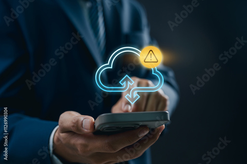 Mobile Cloud Data Alert Notification on Handheld Device, Showcasing Security Management, Cyber Risk Prevention, and Digital Connectivity for Real Time Protection in Business Operations.