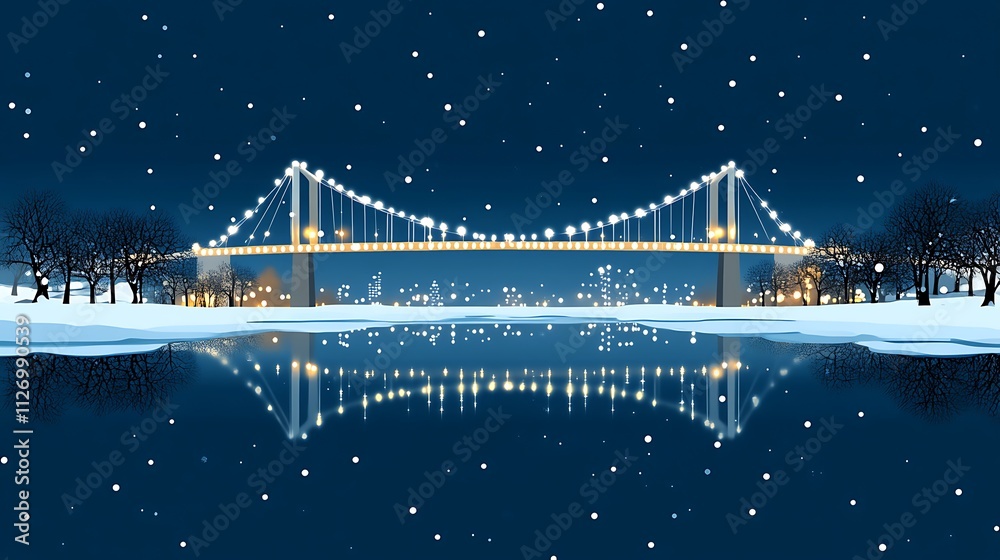 Fototapeta premium Illuminated Suspension Bridge Winter Night Scene