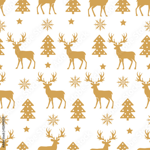 Seamless Christmas pattern with golden reindeer and golden Christmas trees on a white background