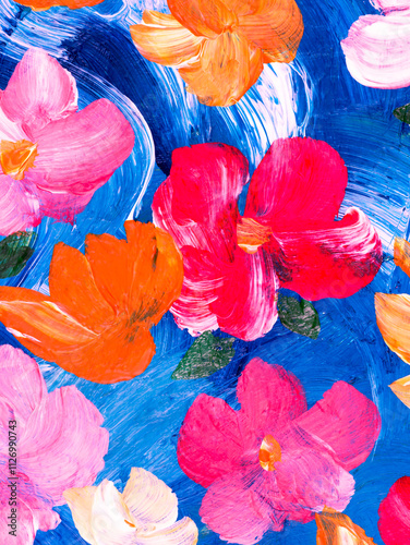 Abstract red and pink flowers, original hand drawn, impressionism style, color texture, brush strokes of acrylic paint, art background.
