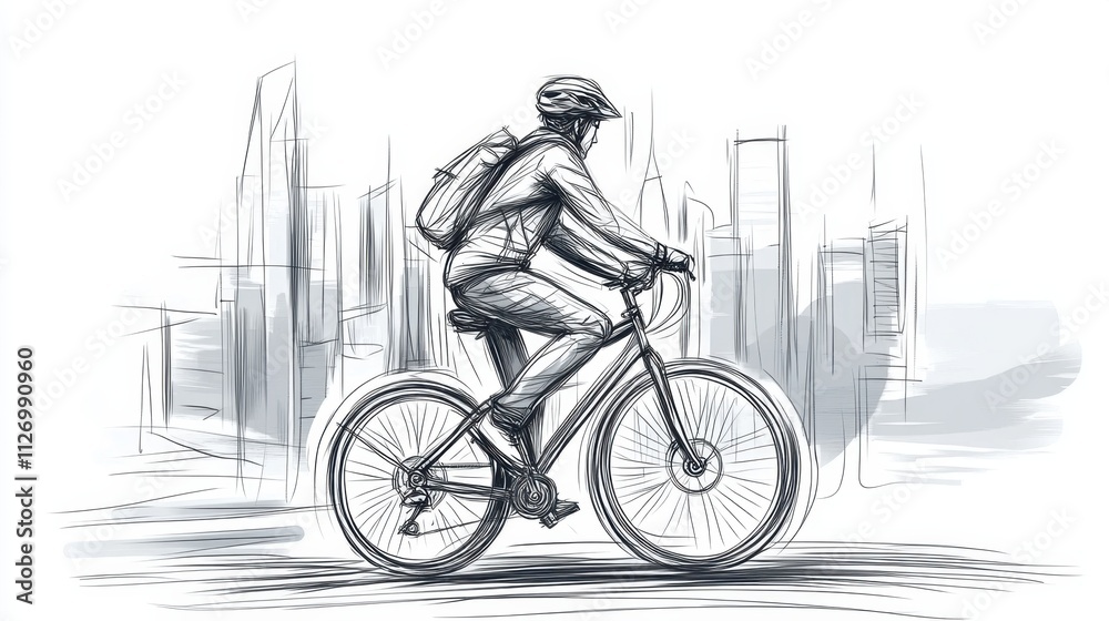 Obraz premium Elegant line art of an urban cyclist pedaling through the city, drawn in a single black stroke for a modern look.