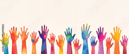 Colorful raised hands Holi festival celebration background