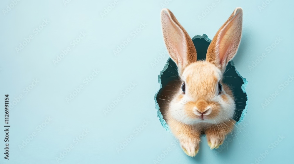 Obraz premium Cute brown rabbit peeking through a hole in a light blue background creating a playful and whimsical scene