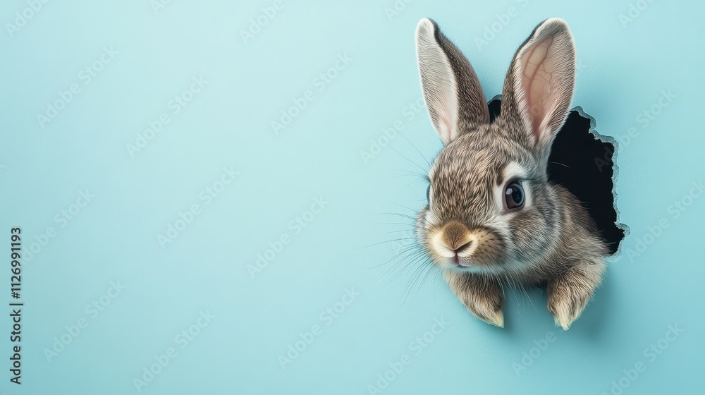 Adorable Bunny Peeking Through a Hole in a Light Blue Wall with Playful Expression and Long Ears Adorable Bunny Peeking Through a Hole in a Light Blue Wall with Playful Expression and Long Ears