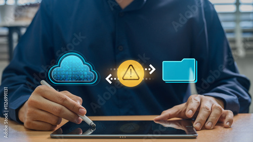 Interactive Cloud File and Folder Transfer with Warning Notifications, Emphasizing Data Security, Encryption, and Backup Solutions for Effective Cyber Risk Management.