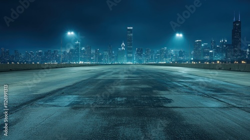 A nighttime cityscape with an empty roadway and illuminated skyline in the background.