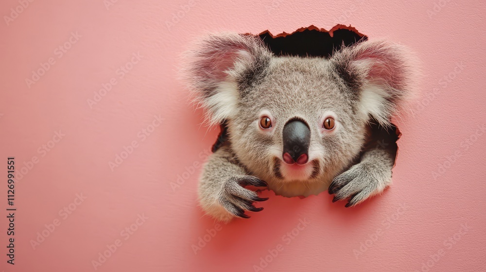 Obraz premium Cute koala peeking through a hole in a pink wall, showcasing its playful nature and expressive features