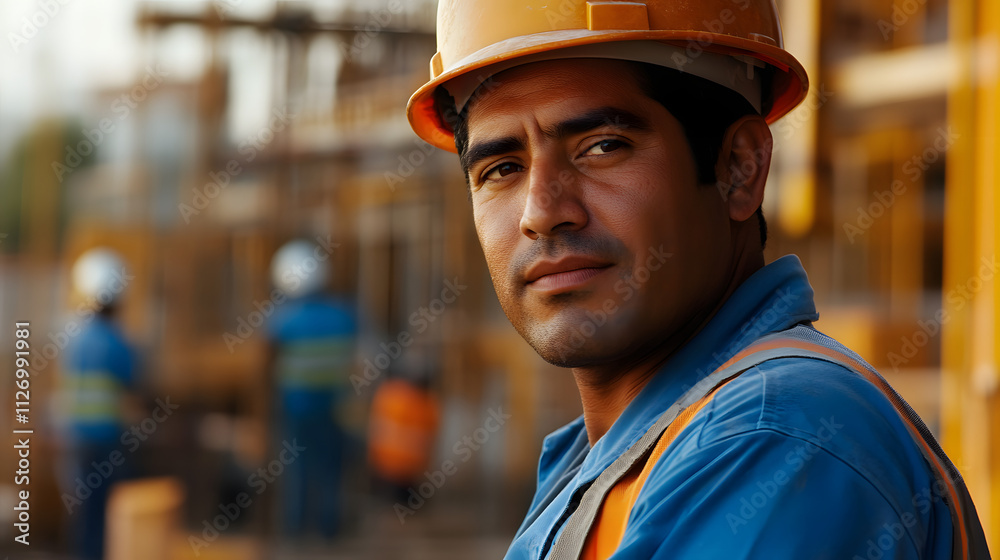 Dedicated Hispanic Construction Worker Collaborating in Dynamic Construction Site Full of Team Activity and Equipment Dedicated Hispanic Construction Worker Collaborating in Dynamic Construction Site Full of Team Activity and Equipment