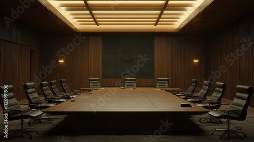 Elegant and Sophisticated Corporate Conference Room with Wooden Paneling and Indirect Lighting