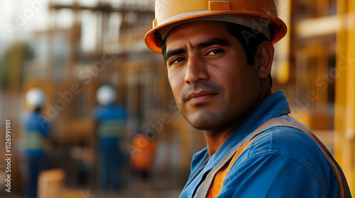 Dedicated Hispanic Construction Worker Collaborating in Dynamic Construction Site Full of Team Activity and Equipment