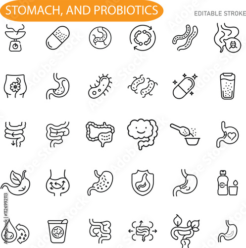 Gut Health Stomach, Intestines, Probiotics, Digestion, Microbiome, Icons, Supplements, Wellness, Bac