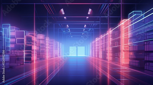 Efficient Smart Warehouse Automation Concept with Glowing Lines Illustration