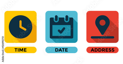 Time, date and address icon set. Simple illustration with long shadow for graphic and web design.
