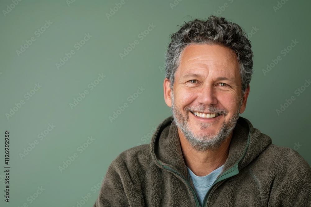 Portrait of a grinning man in his 50s wearing a thermal fleece pullover isolated in pastel green background Portrait of a grinning man in his 50s wearing a thermal fleece pullover isolated in pastel green background