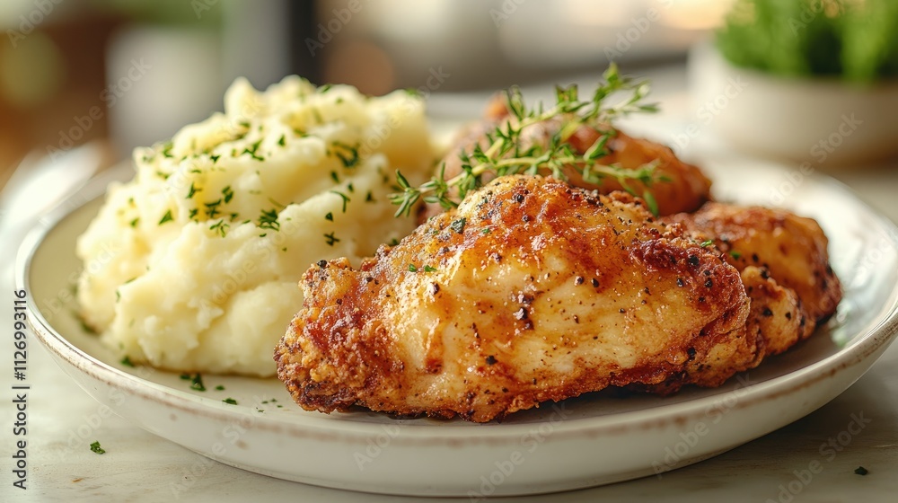A plate featuring crispy fried chicken with mashed potatoes and herbs. A plate featuring crispy fried chicken with mashed potatoes and herbs.