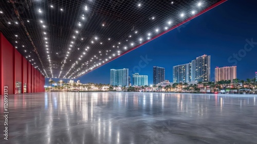 A modern architectural space illuminated by lights, overlooking a city skyline at night.