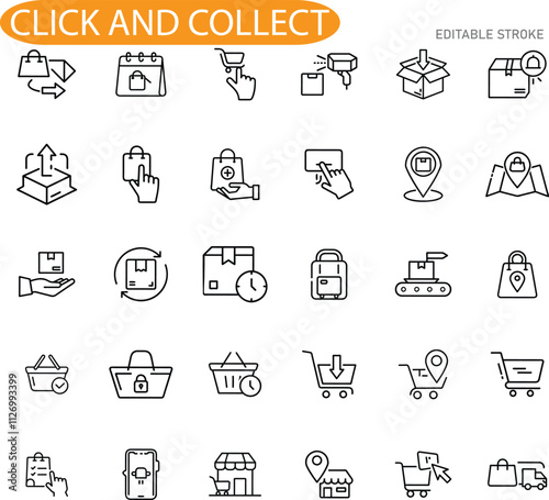 Click and Collect Online Shopping, Delivery, and Retail Icons