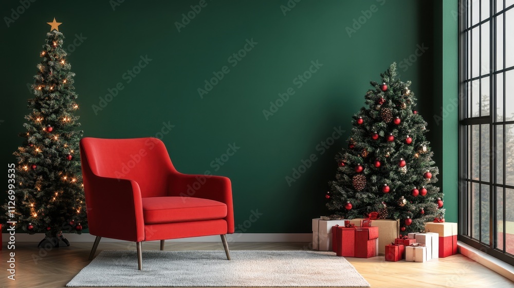 Festive living room with a red armchair against a vibrant green wall, a modern Christmas setup. 3D rendering. Festive living room with a red armchair against a vibrant green wall, a modern Christmas setup. 3D rendering.