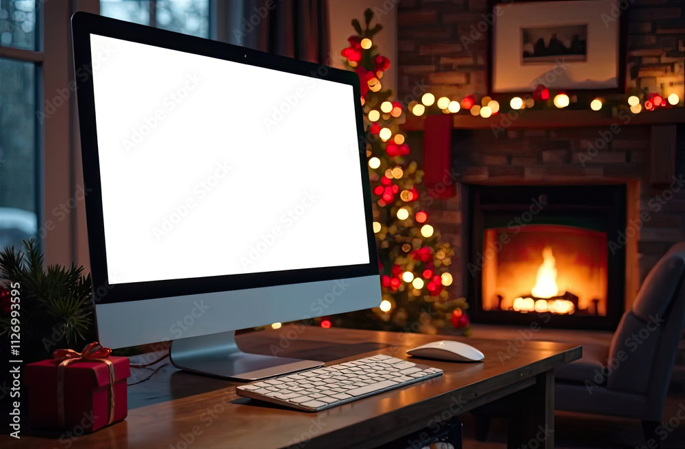 Home Computer Monitor with white screen mock up on table in the cozy home office of Christmas decor, Christmas tree and burning fireplace with garlands. Home Computer Monitor with white screen mock up on table in the cozy home office of Christmas decor, Christmas tree and burning fireplace with garlands.